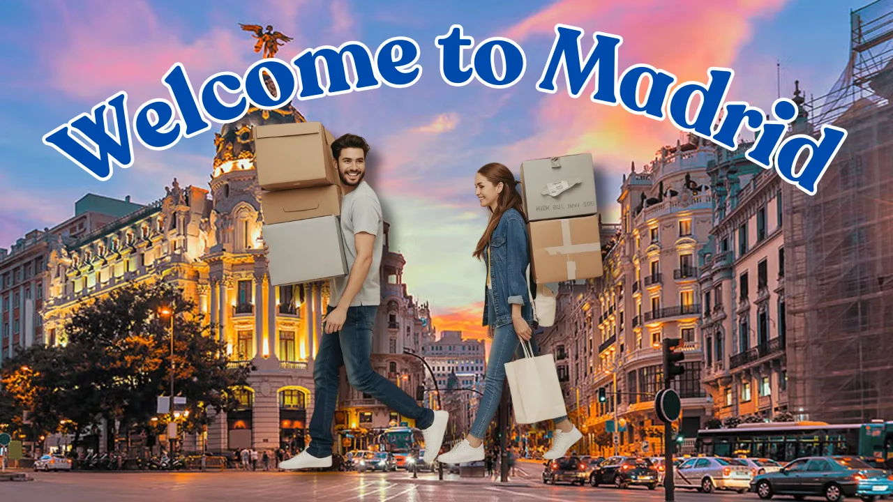Pareja de jóvenes mudándose a Madrid