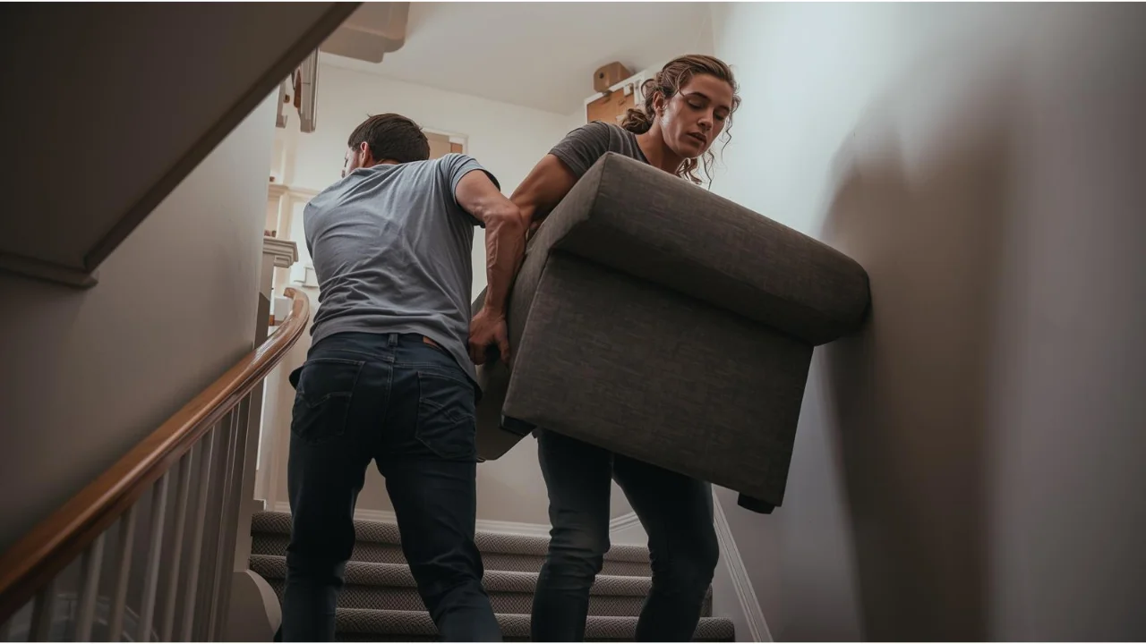 pareja trasladando un sofá