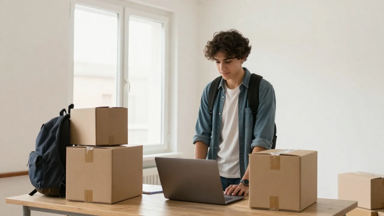 Estudiante preparando una mudanza express en Madrid con cajas y mochila